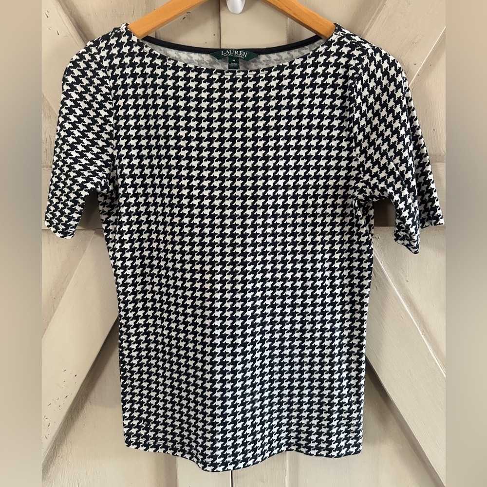 Lauren Ralph Lauren Houndstooth Top Black White Short Sleeve Stretch Tee Size M